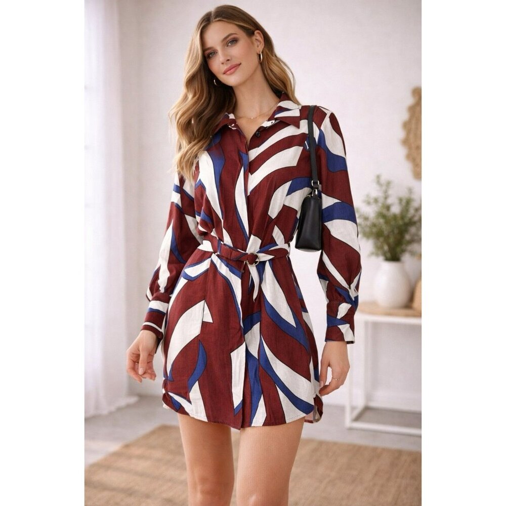 H&M Belted Shirt Dress Burgundy Blue White Abstract Print Long Sleeve M